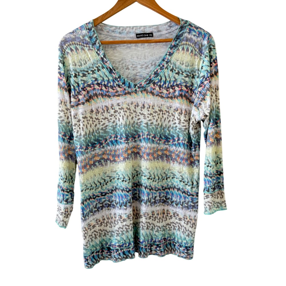 David Cline Crinkle Top Womens XXL Multicolor Abstract Aztec Pastel V Neck